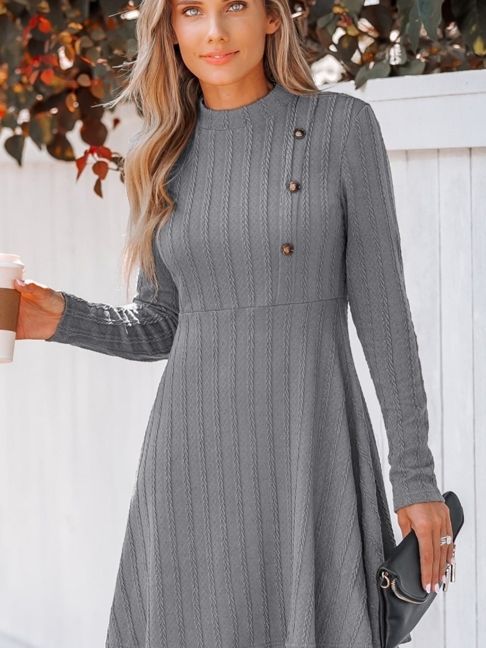 0172 Cupshe Grey Round Neck Long Sleeve Mini Dress
